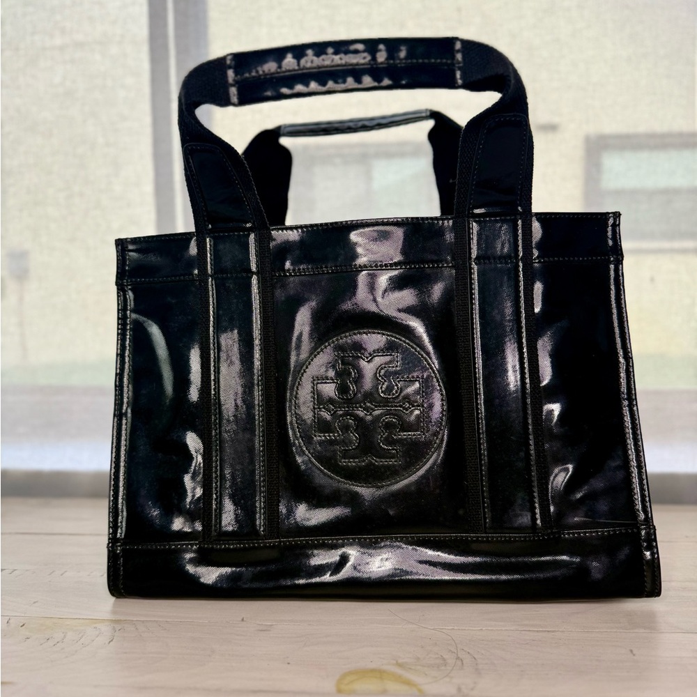 Tory Burch Ella Large Patent Tote Black Logo Shopper Bag
